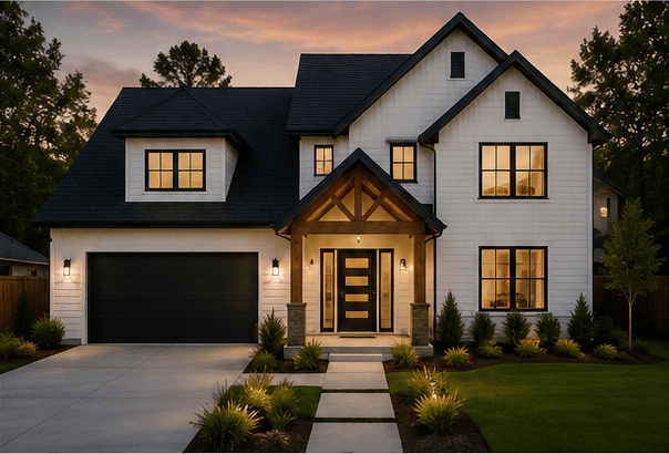 Freshly renovated home exterior at dusk